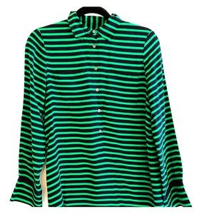 J Crew silk button down, green & black stripe